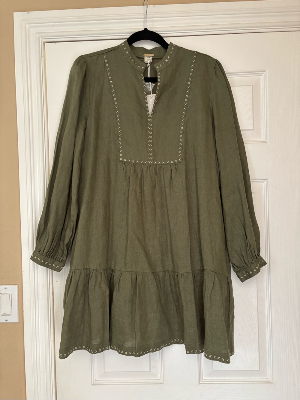 Magaschoni Olive Green Linen Tunic with White Cross Stitch